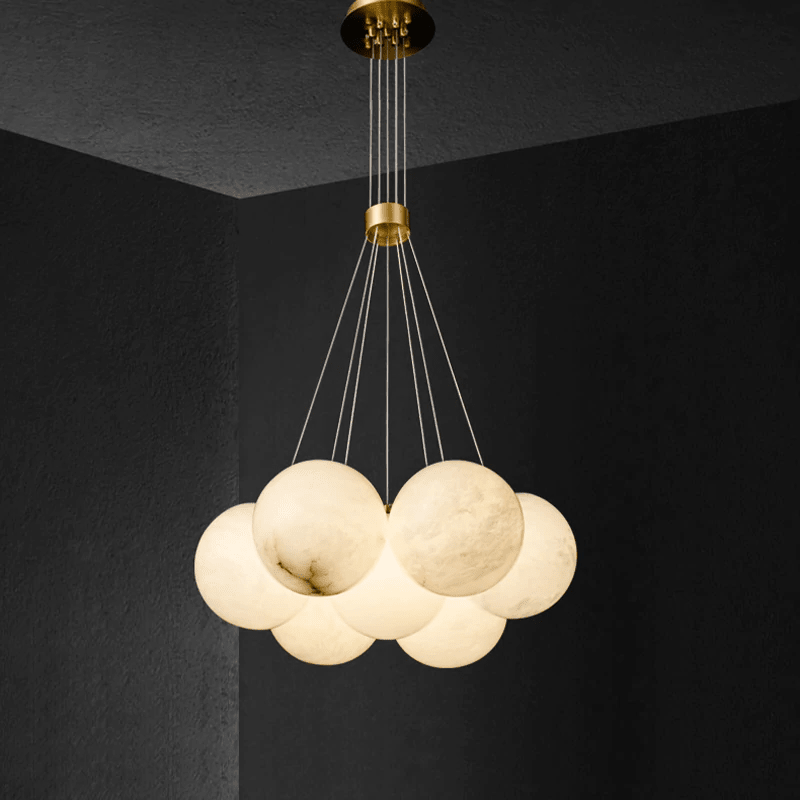 Post Modern Alabaster Globe Ceiling Pendant Light, Alabaster Chandelier Over Dining Table - 7 BallsBlushlighting