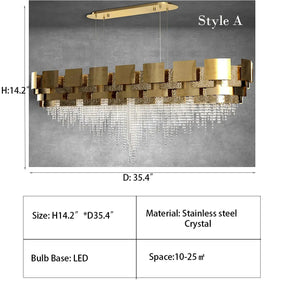 Post-modern Light Luxury Oval/Round Tiered Tassel Crystal Chandelier in Gold Finish for Living/Dining Room