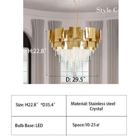 Post-modern Light Luxury Oval/Round Tiered Tassel Crystal Chandelier in Gold Finish for Living/Dining Room,dimension,detail