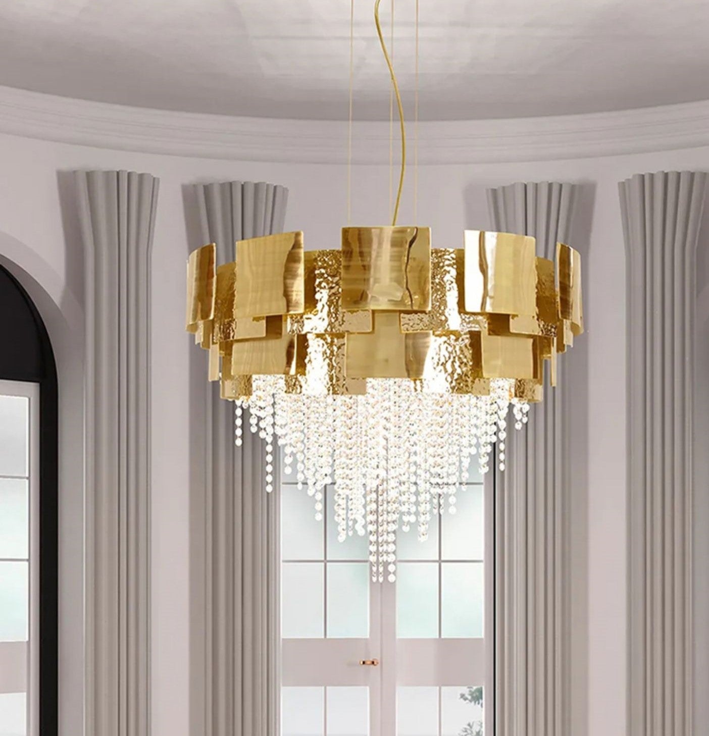 Post-modern Light Luxury Oval/Round Tiered Tassel Crystal Chandelier in Gold Finish for Living/Dining Room