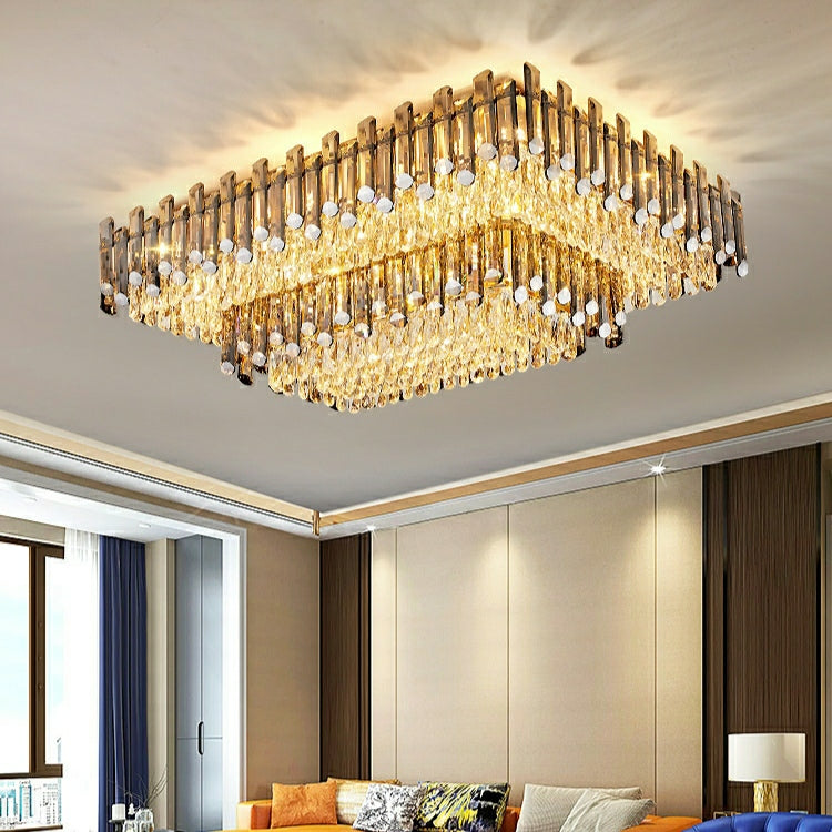Rectangle Flush Mounted Living Room Chandelier Crystal Ceiling Light Fixture For Long Dining Table