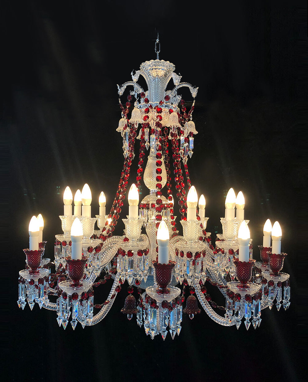 Short 24 Lights Zenith Chandelier Clear & Red Bacara  Crystal Lighting