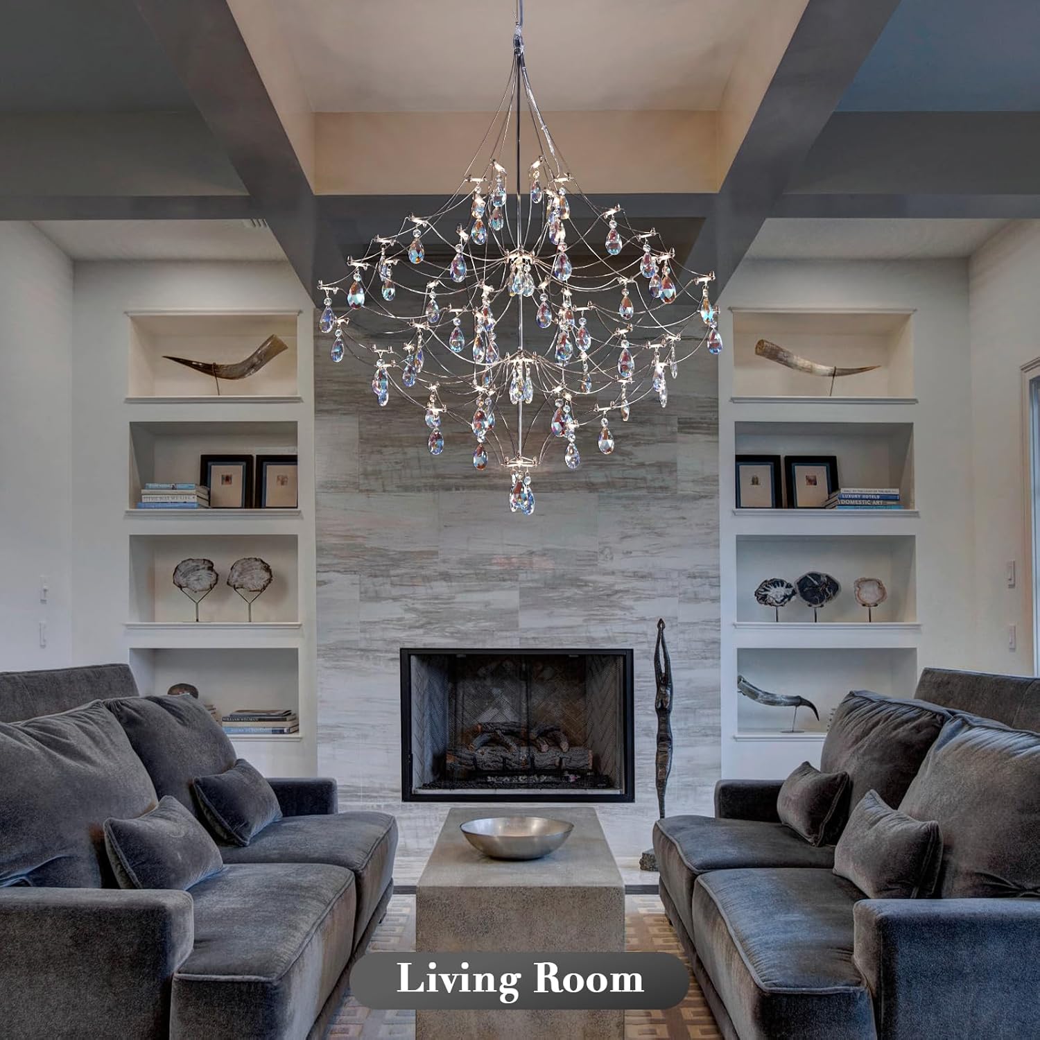 Silver 31.5" Round Crystal Raindrop Chandelier for Modern Homes