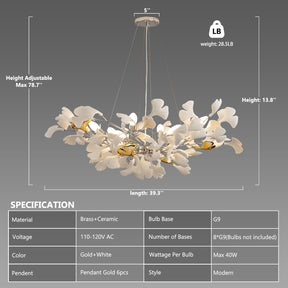 Silver Ceramic Ginkgo Leaf Tree Branch Chandelier – 40" Round Luxury Fixture
