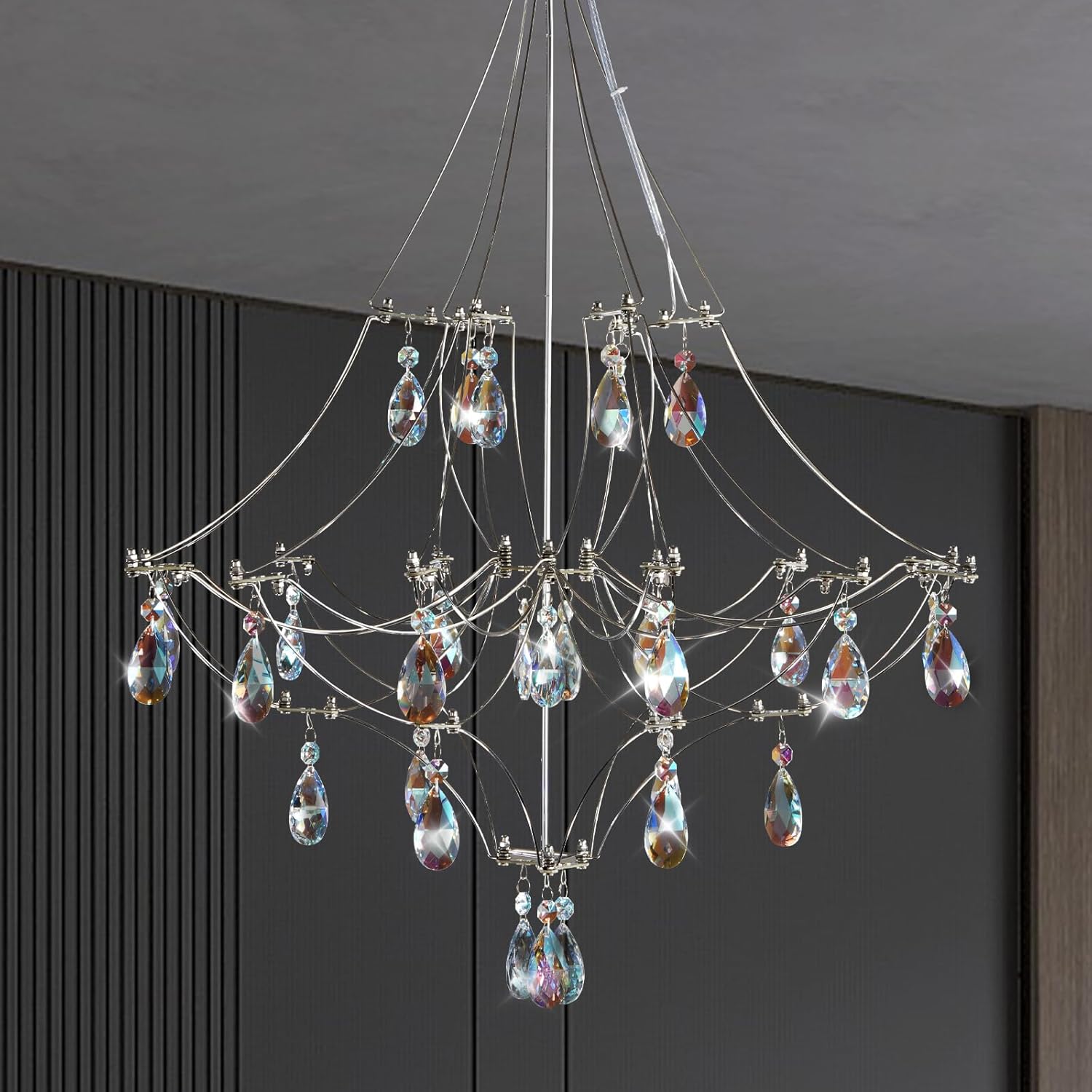 Silver Crystal Round Chandelier 23.6" Modern Luxury Raindrop Light