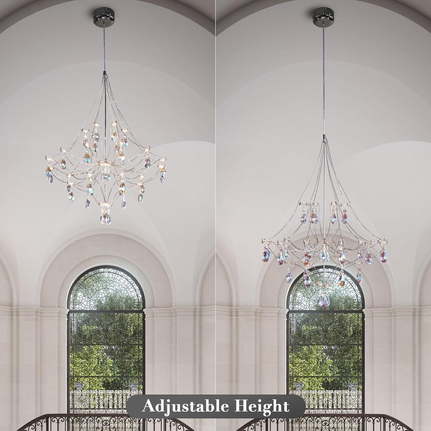 Silver Crystal Round Chandelier 23.6" Modern Luxury Raindrop Light