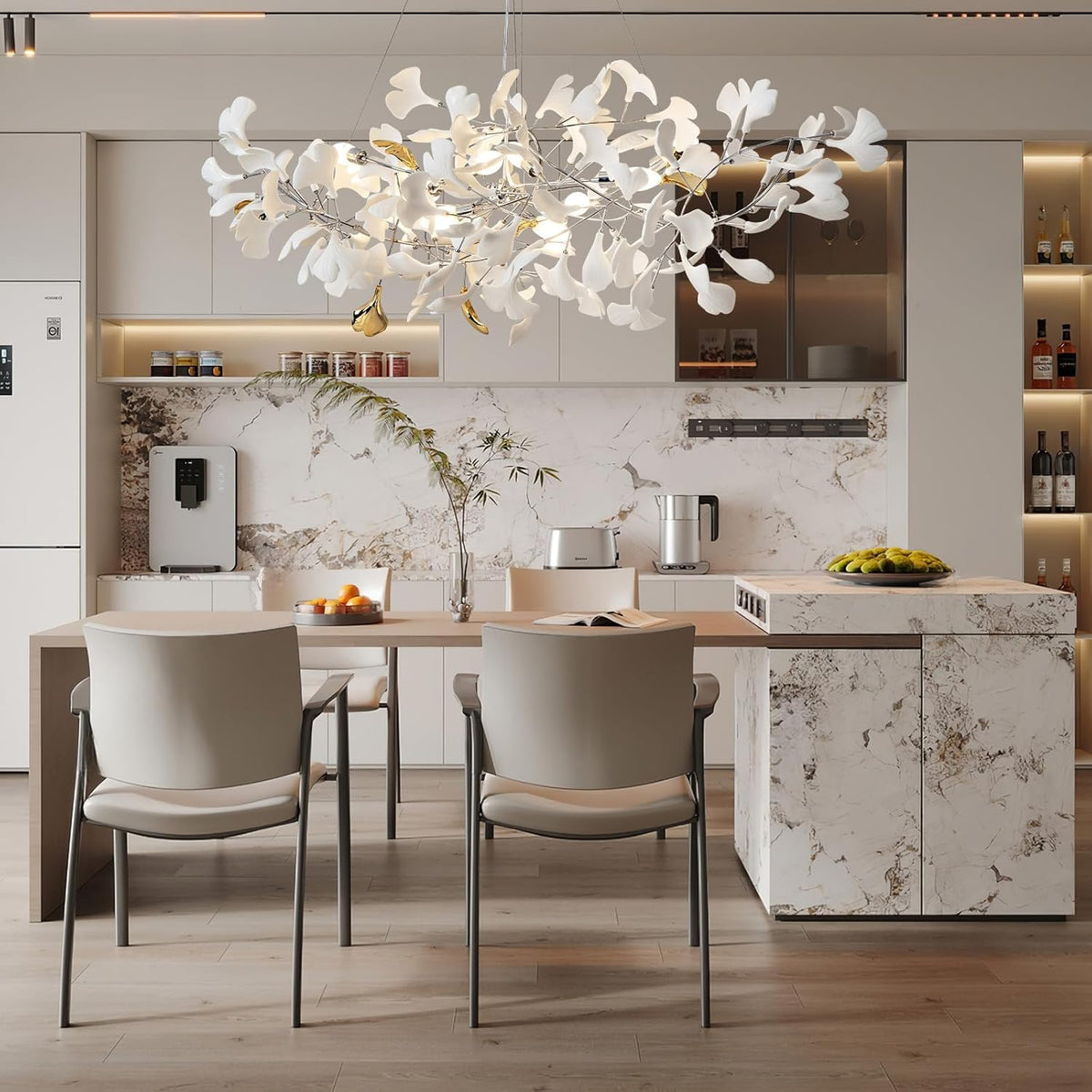 Silver Ginkgo Leaf Branch Chandelier – 59" Modern Brass Light