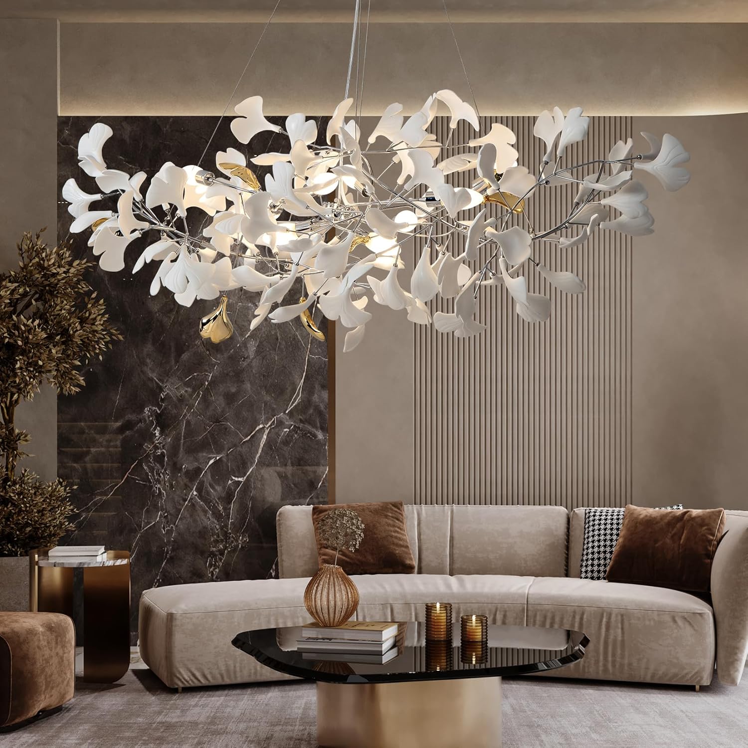 Silver Ginkgo Leaf Branch Chandelier – 59" Modern Brass Light