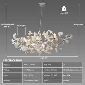 Silver Ginkgo Leaf Branch Chandelier – 59" Modern Brass Light