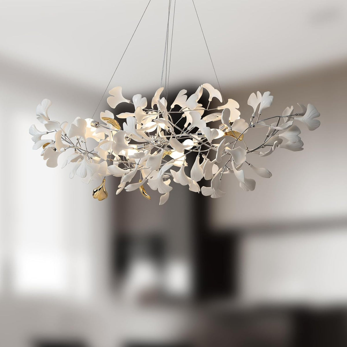 Silver Ginkgo Leaf Branch Chandelier – 59" Modern Brass Light