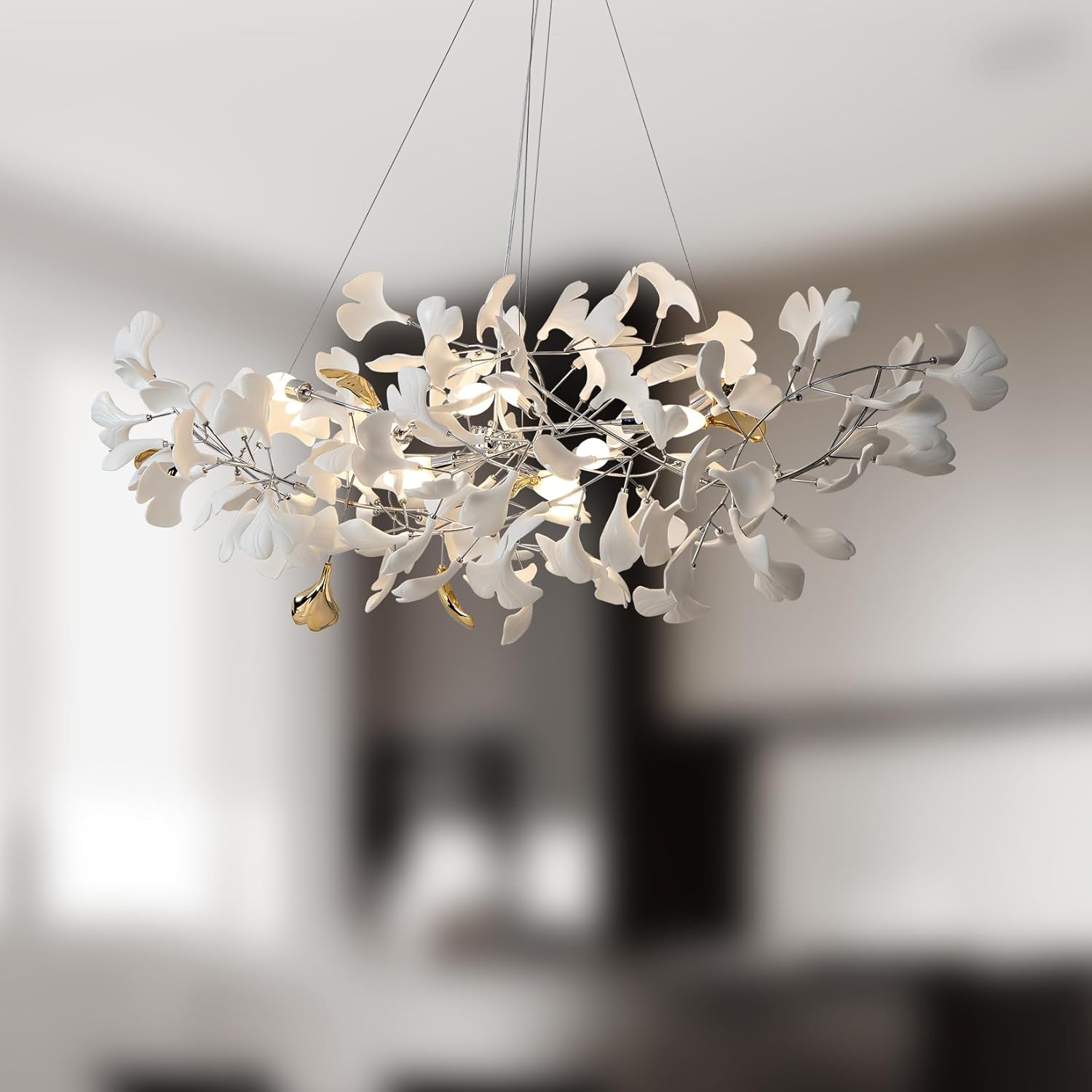 Silver Ginkgo Leaf Branch Chandelier – 59" Modern Brass Light