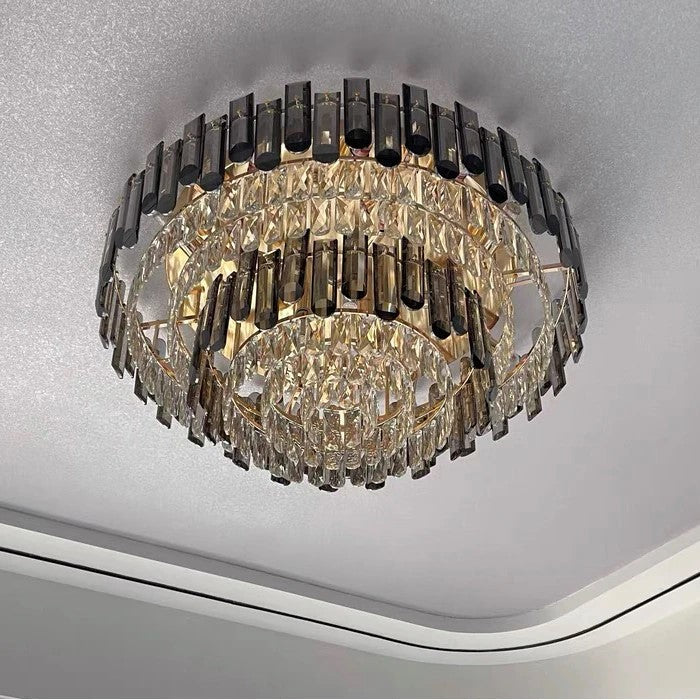 Smoke Gray Crystal Chandelier Flush Mounted Ceiling Light Fitxture Set for Dining Room/Living Room