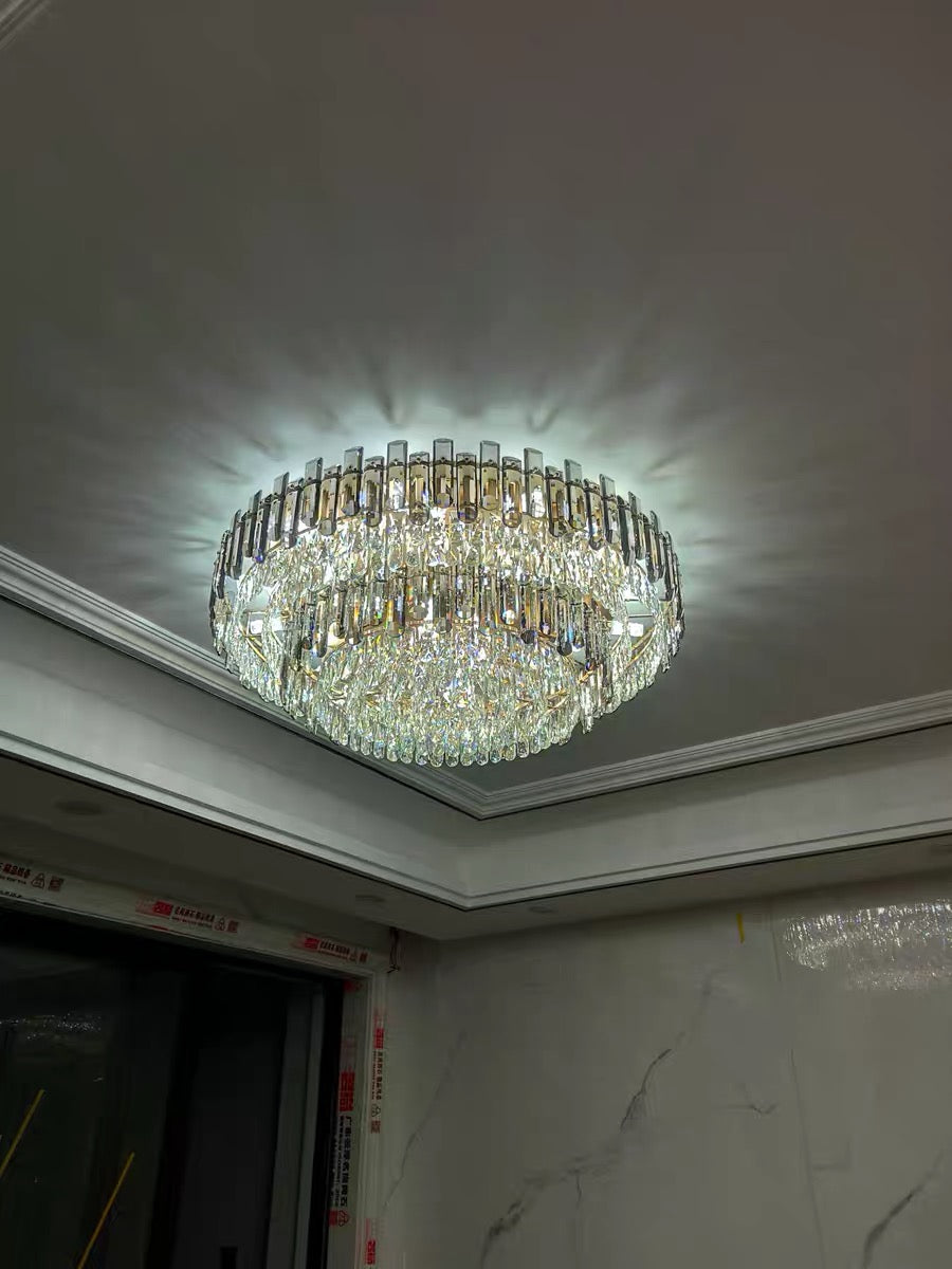 Smoke Gray Crystal Chandelier Flush Mounted Ceiling Light Fitxture Set for Dining Room/Living Room