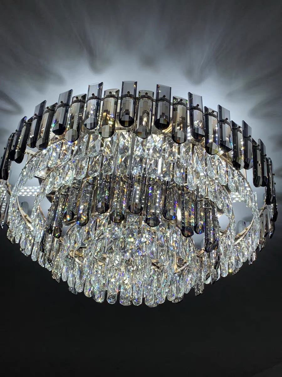 Smoke Gray Crystal Chandelier Flush Mounted Ceiling Light Fitxture Set for Dining Room/Living Room