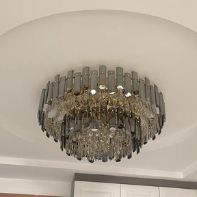 Smoke Gray Crystal Chandelier Flush Mounted Ceiling Light Fitxture Set for Dining Room/Living Room