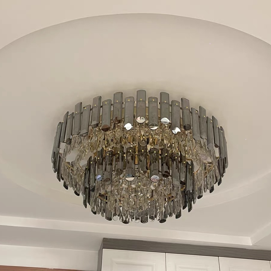 Smoke Gray Crystal Chandelier Flush Mounted Ceiling Light Fitxture Set for Dining Room/Living Room