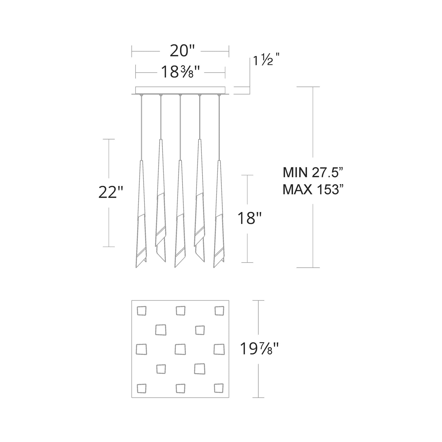 Solitude Square LED Multi Pendant Light - line drawing.