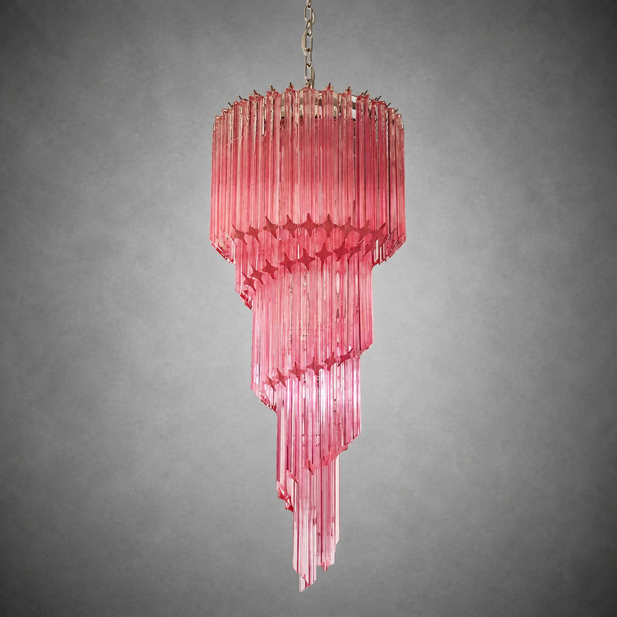Chandelier  Spiral Prism Glass Hand-Cut Faceted Prisms Nickel Frame Pink Amber