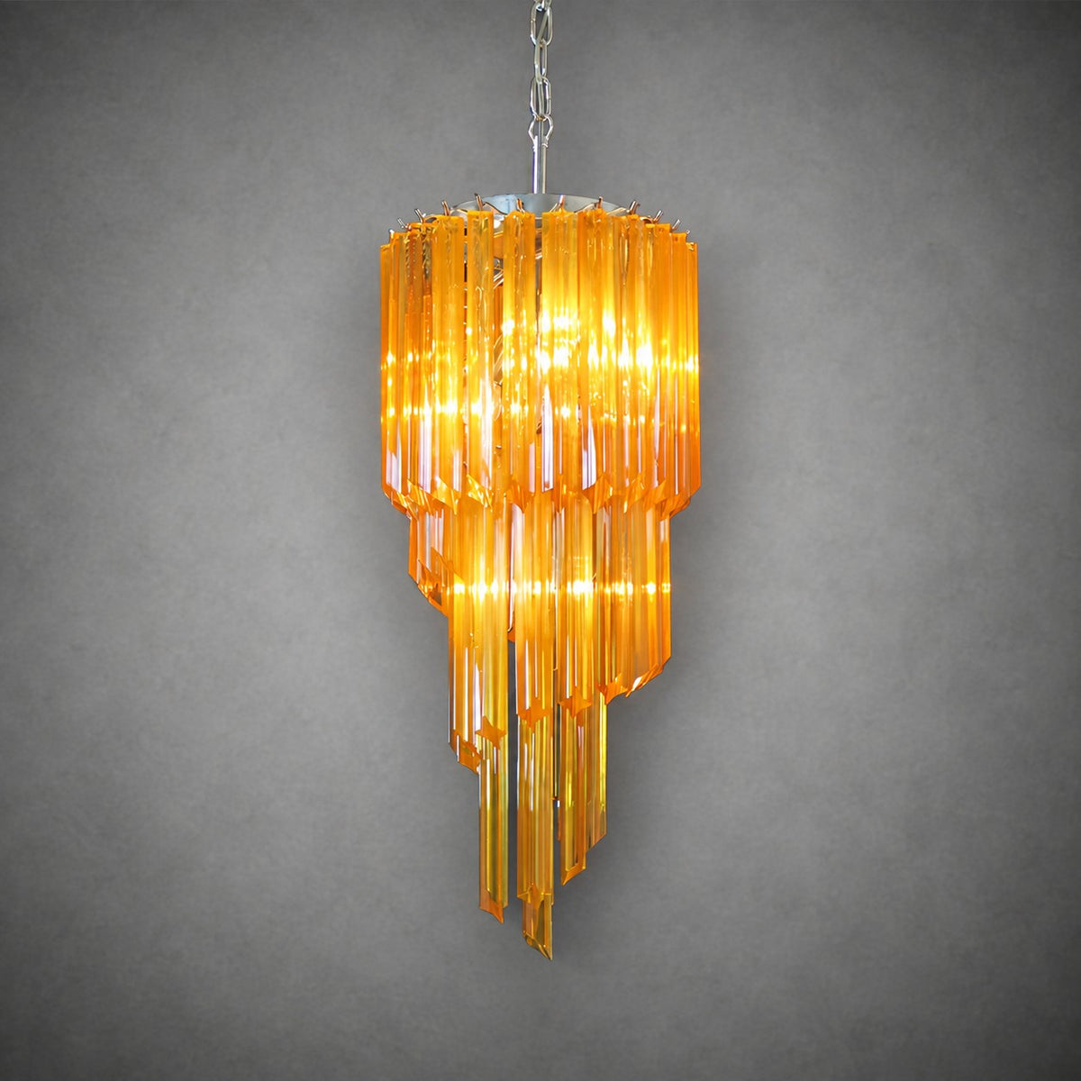 Chandelier  Spiral Prism Glass Hand-Cut Faceted Prisms Nickel Frame Pink Amber