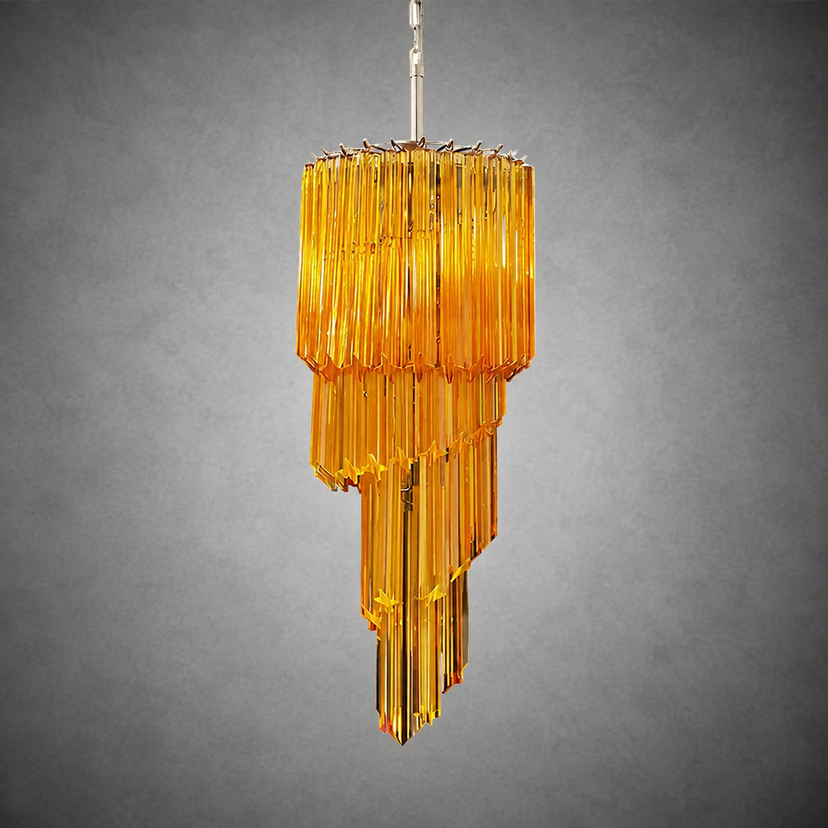 Chandelier  Spiral Prism Glass Hand-Cut Faceted Prisms Nickel Frame Pink Amber