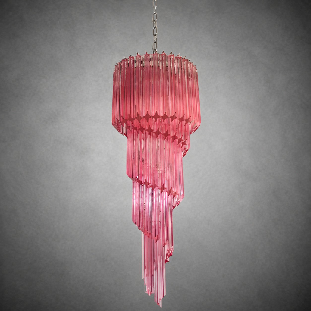 Chandelier  Spiral Prism Glass Hand-Cut Faceted Prisms Nickel Frame Pink Amber