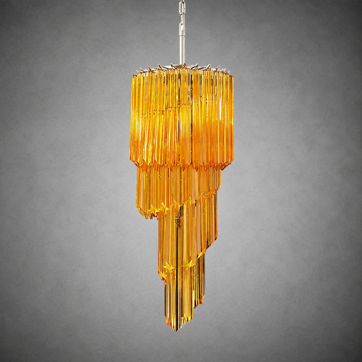 Chandelier  Spiral Prism Glass Hand-Cut Faceted Prisms Nickel Frame Pink Amber