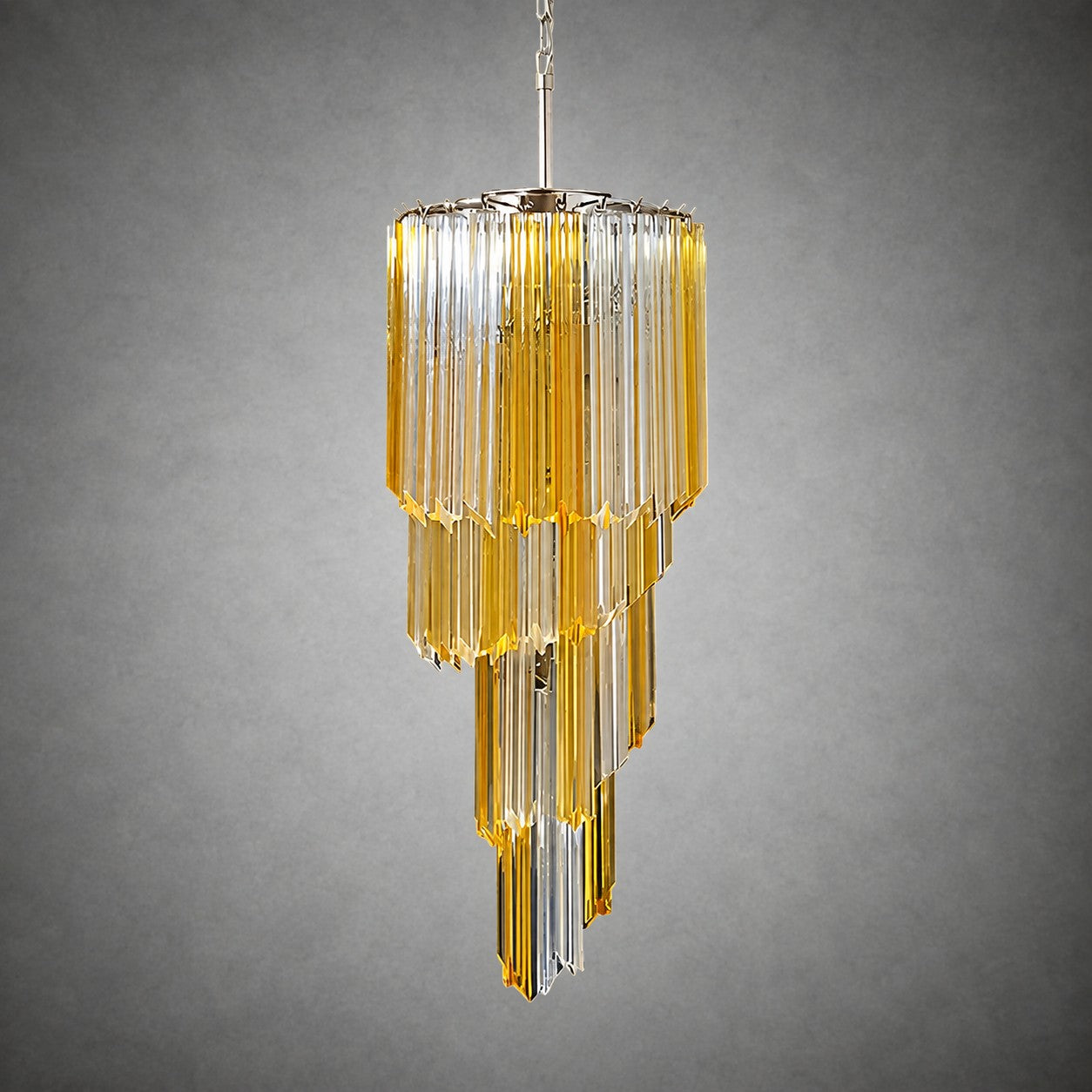 Chandelier  Spiral Prism Glass Hand-Cut Faceted Prisms Nickel Frame Pink Amber