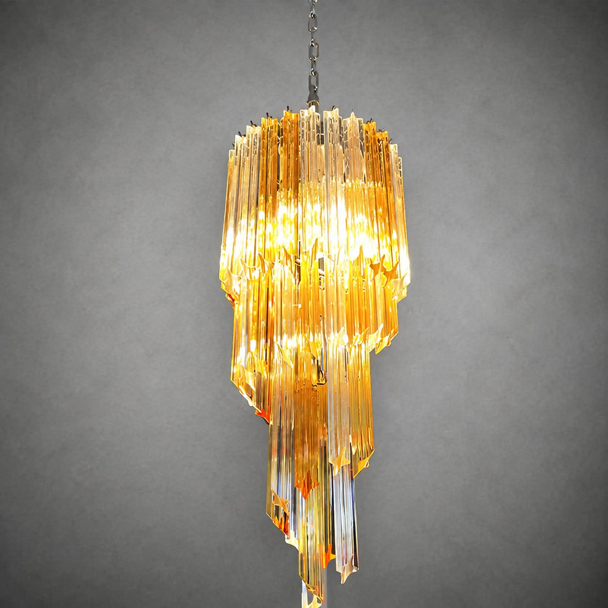Chandelier  Spiral Prism Glass Hand-Cut Faceted Prisms Nickel Frame Pink Amber