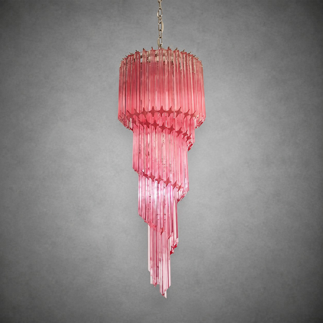 Chandelier  Spiral Prism Glass Hand-Cut Faceted Prisms Nickel Frame Pink Amber