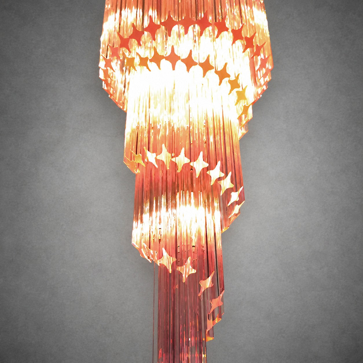 Chandelier  Spiral Prism Glass Hand-Cut Faceted Prisms Nickel Frame Pink Amber