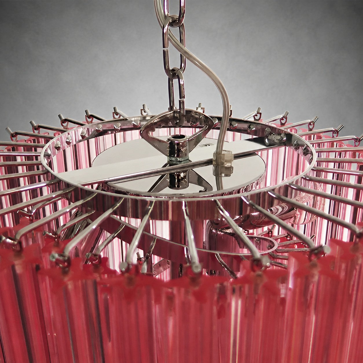 Chandelier  Spiral Prism Glass Hand-Cut Faceted Prisms Nickel Frame Pink Amber