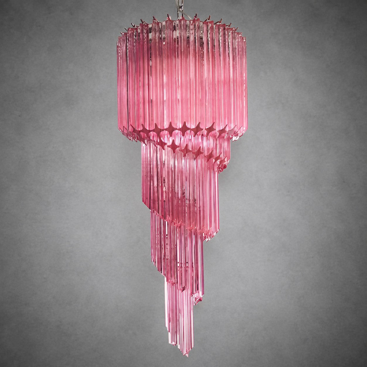 Chandelier  Spiral Prism Glass Hand-Cut Faceted Prisms Nickel Frame Pink Amber