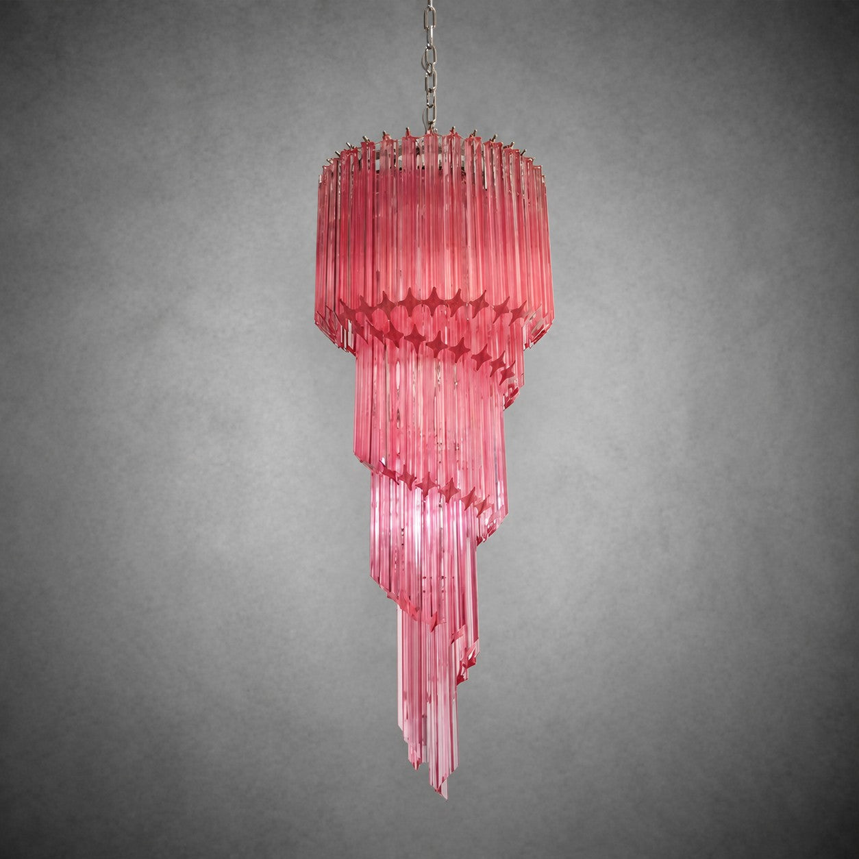 Chandelier  Spiral Prism Glass Hand-Cut Faceted Prisms Nickel Frame Pink Amber