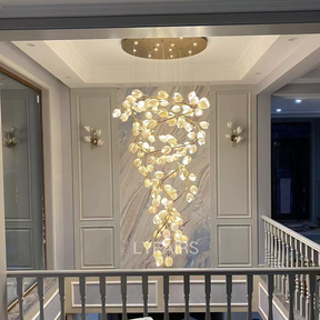 Spiral Pure White Magnolia Chandelier with Golden Branches for Staircase/High-ceiling Space/Foyer/ Duplex
