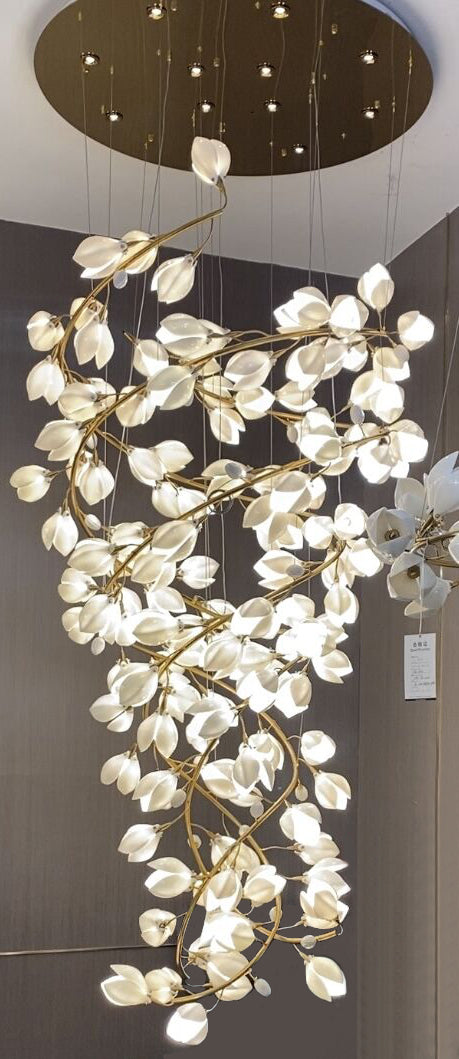 Spiral Pure White Magnolia Chandelier with Golden Branches for Staircase/High-ceiling Space/Foyer/ Duplex