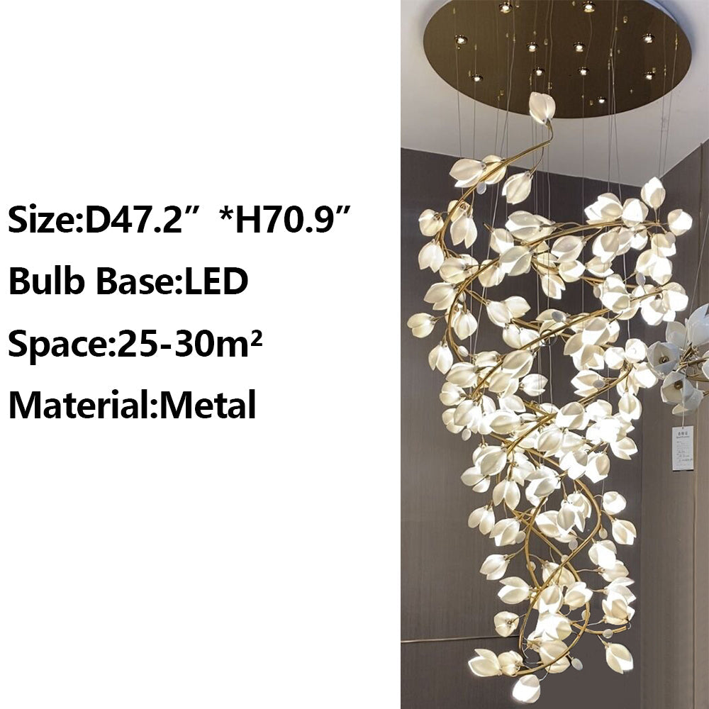 Spiral Pure White Magnolia Chandelier with Golden Branches for Staircase/High-ceiling Space/Foyer/ Duplex