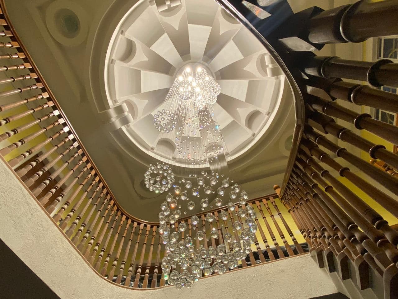 Stately Duplex Crystal Chandelier Spiral Raindrop Globe Shape Ceiling Hanging Light for Entryway/Staircase