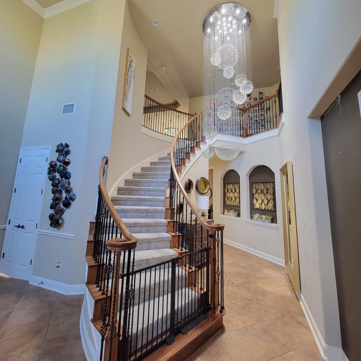 Stately Duplex Crystal Chandelier Spiral Raindrop Globe Shape Ceiling Hanging Light for Entryway/Staircase