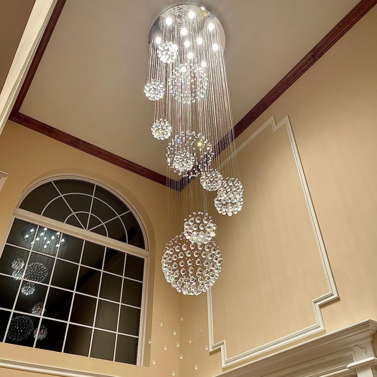 Stately Duplex Crystal Chandelier Spiral Raindrop Globe Shape Ceiling Hanging Light for Entryway/Staircase