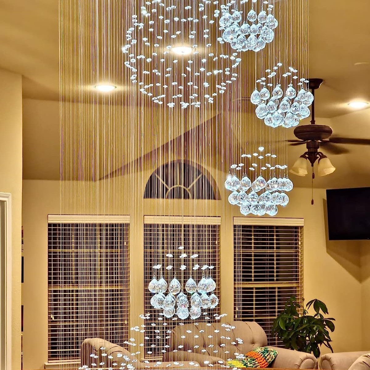 Stately Duplex Crystal Chandelier Spiral Raindrop Globe Shape Ceiling Hanging Light for Entryway/Staircase