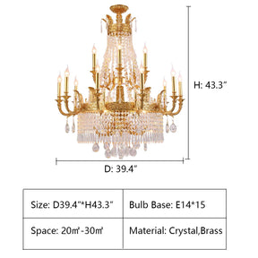 2 layers: D39.4*H43.3" Large Oversized Luxury Golden Metal Brass  Candle Crystal Tassel Chandelier  For High-ceiling Staircase/Entryway/Hallway/Living/Meeting Room