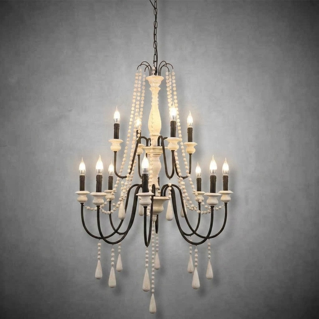 Vivienne Rustic Iron Hand-Painted Wood Bead Chandelier Elegant Lighting
