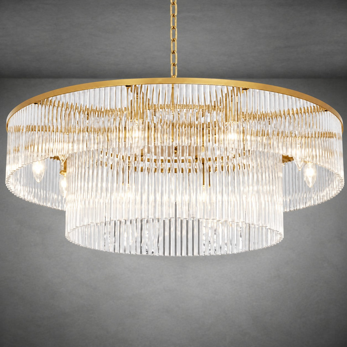 Two-Tier Striped Column Round Pendant D800 - Gold