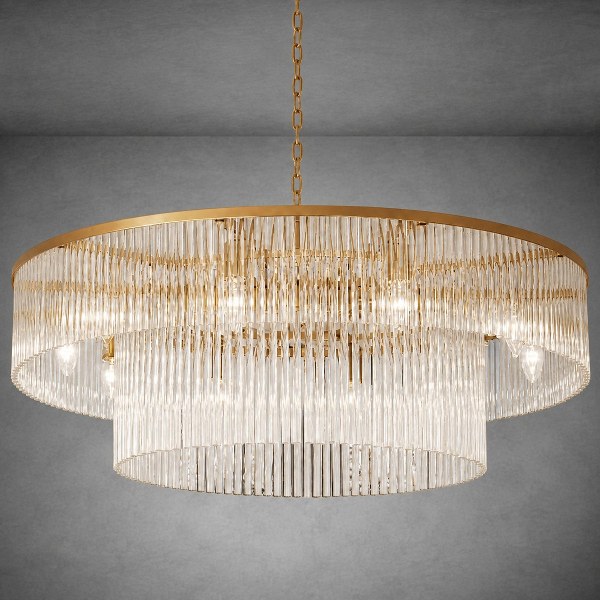 Two-Tier Striped Column Round Pendant D800 - Gold