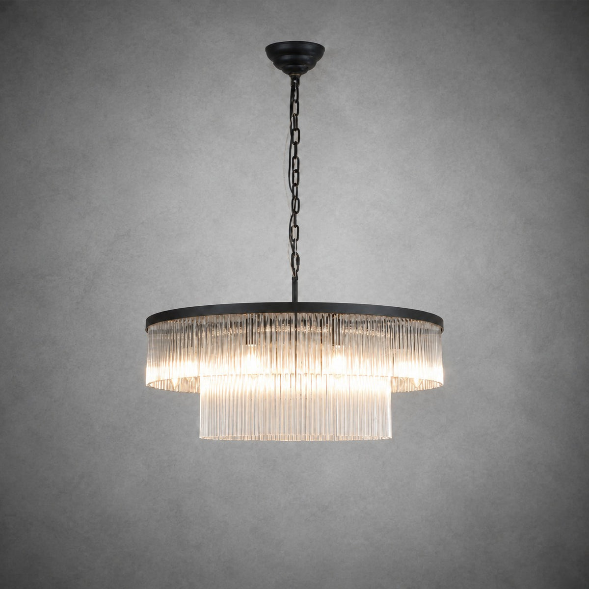 Two-Tier Striped Column Round Pendant D800 - Black