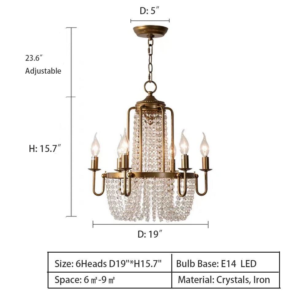 6Heads: D19.0"*H15.7" chandelier,chandeliers,cruystal,candle,branch,gold,finish,round,luxury,retro,bedroom,foyer,living room,dining room