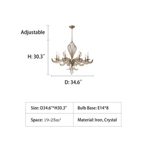 D34.6"*H30.3" chandelier,chandeliers,crystal chandelier,home depot chandeliers,candle,silver,vintage style,dining room light fixtures,chandelier light,iron