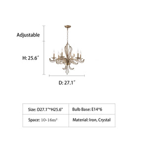 D27.1"*H25.6" chandelier,chandeliers,crystal chandelier,home depot chandeliers,candle,silver,vintage style,dining room light fixtures,chandelier light,iron