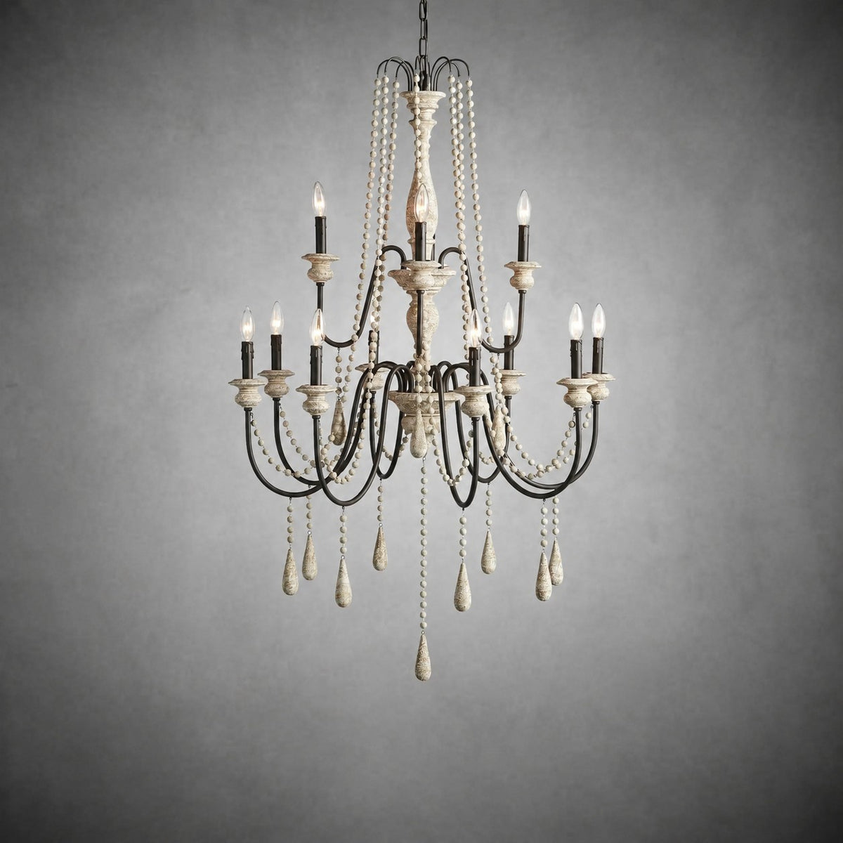 Vivienne Rustic Iron Hand-Painted Wood Bead Chandelier Elegant Lighting