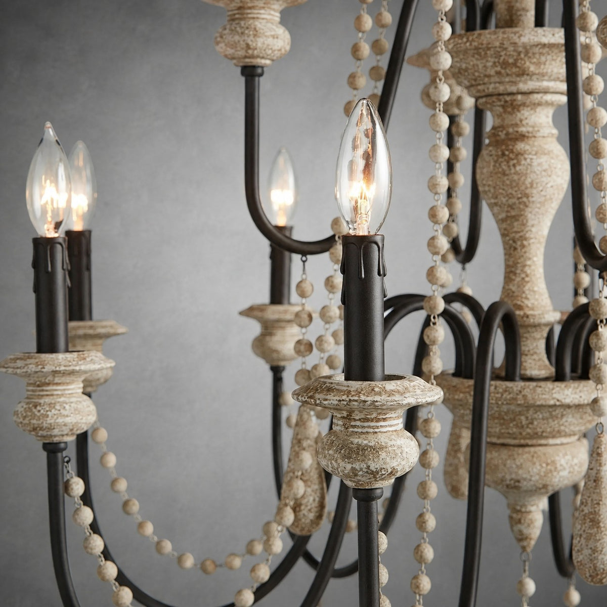 Vivienne Rustic Iron Hand-Painted Wood Bead Chandelier Elegant Lighting